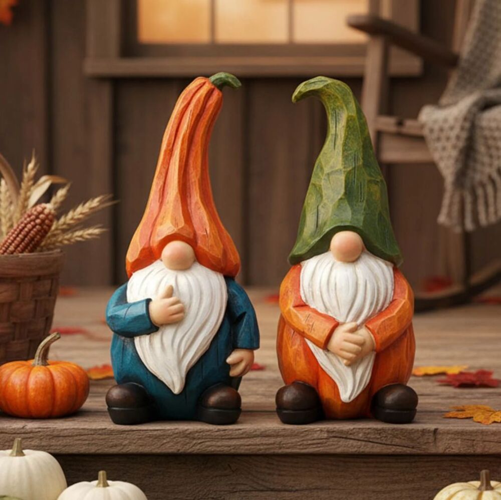 Fall Gnome Pumpkin Decor Set 2 Resin Shelf Sitter Autumn Thanksgiving